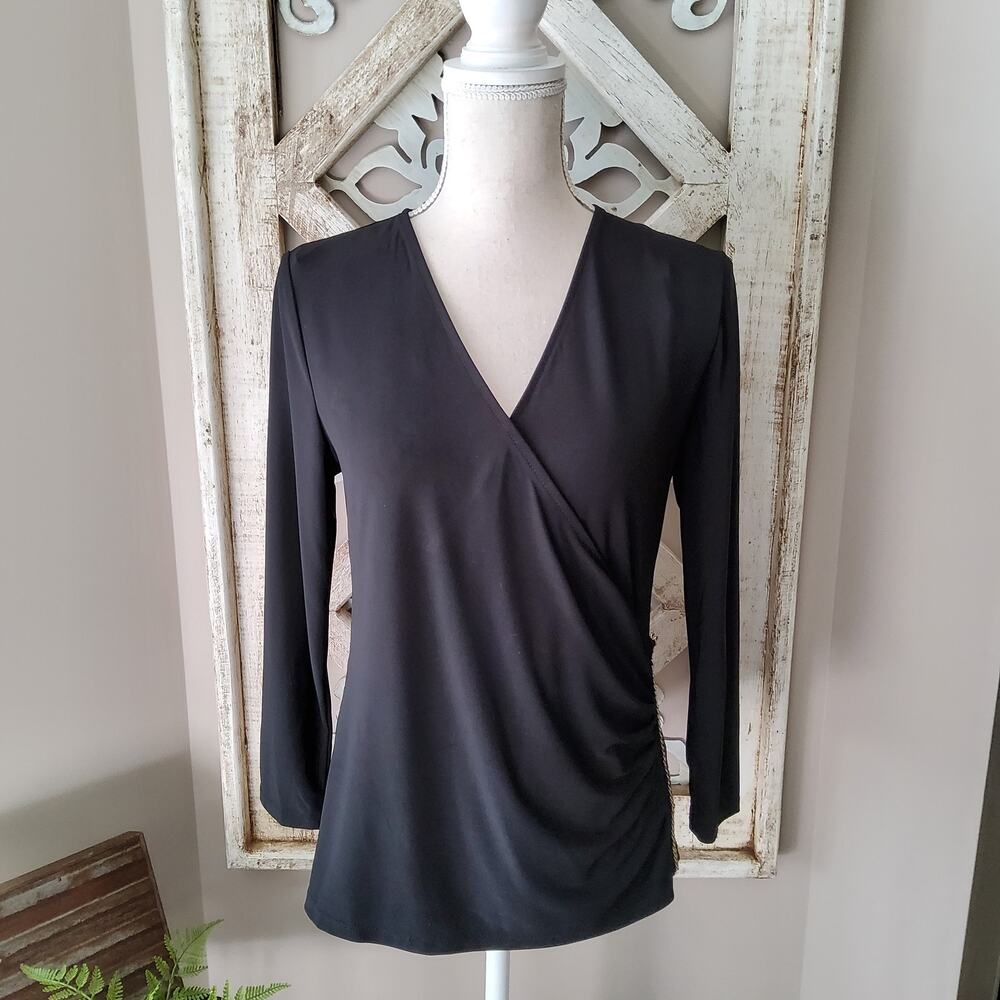 Nine West Black Faux Wrap Surplice Blouse Small Chain Detail Office Top